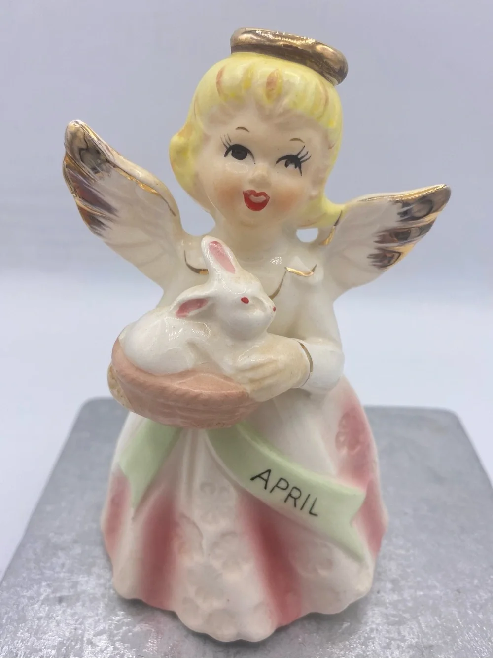 Vintage Japanese April Angel With Bunny Figurine Easter Holiday Collectible